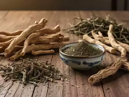 Nahaufnahme von traditionellen Heilkräutern und einer kleinen Keramikschale auf einem Holztisch. - Foto: über boerse-global.de