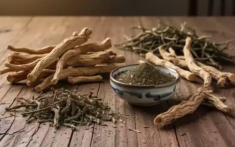 Nahaufnahme von traditionellen Heilkräutern und einer kleinen Keramikschale auf einem Holztisch. - Foto: über boerse-global.de