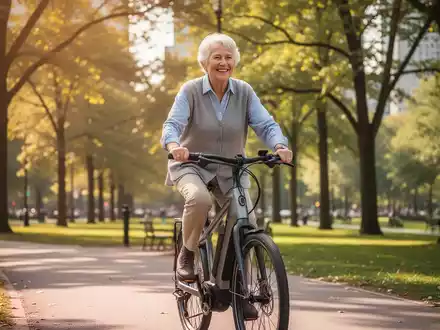 Eine lächelnde ältere Person fährt bei sonnigem Wetter mit einem E-Bike auf einem Radweg durch einen Park. - Foto: über boerse-global.de