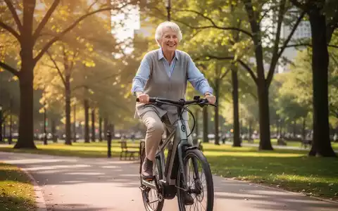 Eine lächelnde ältere Person fährt bei sonnigem Wetter mit einem E-Bike auf einem Radweg durch einen Park. - Foto: über boerse-global.de