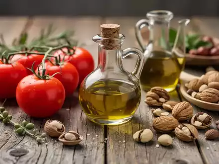Frische mediterrane Lebensmittel auf einem rustikalen Holztisch als Symbol für Ernährung bei Hauterkrankungen. - Foto: über boerse-global.de