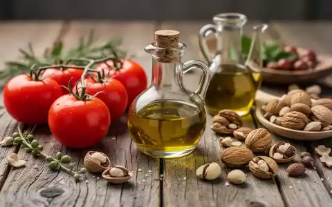Frische mediterrane Lebensmittel auf einem rustikalen Holztisch als Symbol für Ernährung bei Hauterkrankungen. - Foto: über boerse-global.de