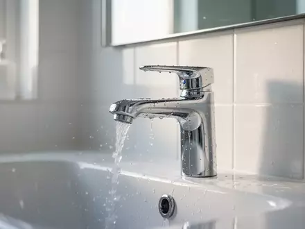 Nahaufnahme eines modernen, glänzenden Badezimmer-Wasserhahns und sauberer Fliesen in einem hellen, gepflegten Raum. - Foto: über boerse-global.de