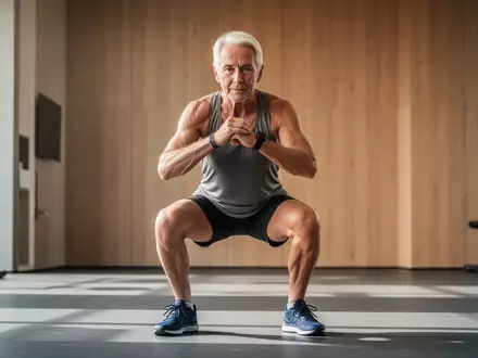 Eine sportliche Person über 60 führt in einem hellen, modernen Fitnessstudio kontrollierte Kniebeugen aus. - Foto: über boerse-global.de