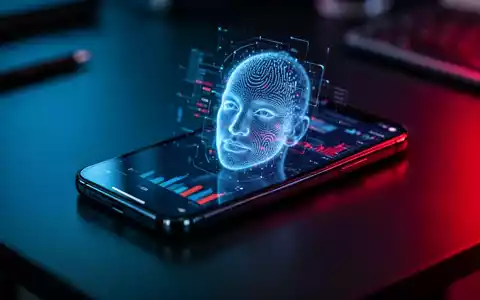 Ein Smartphone auf einem dunklen Schreibtisch mit einer digitalen Gesichtserkennungsgrafik, die Cybersicherheitsrisiken symbolisiert. - Foto: über boerse-global.de