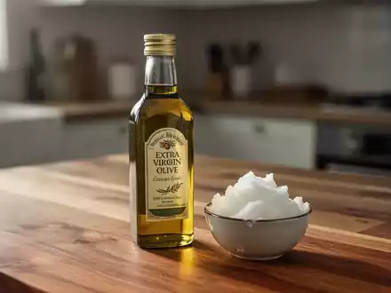 Eine Glasflasche mit Olivenöl und eine Schale mit Kokosöl auf einem Holztisch. - Foto: über boerse-global.de