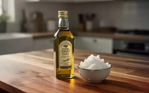 Eine Glasflasche mit Olivenöl und eine Schale mit Kokosöl auf einem Holztisch. - Foto: über boerse-global.de