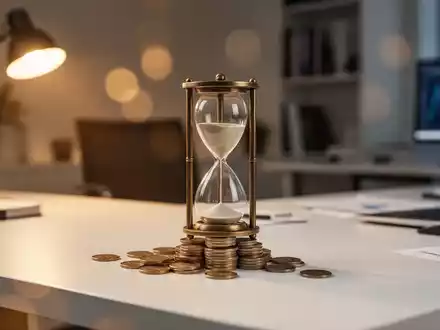 Eine Sanduhr auf einem Stapel Münzen symbolisiert den Zusammenhang zwischen Sparquote und Arbeitszeit. - Foto: über boerse-global.de