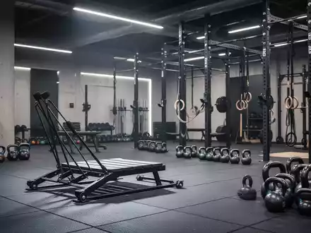 Modernes, hochwertig ausgestattetes Functional-Fitness-Studio mit Trainingsgeräten wie Schlitten und Hanteln. - Foto: über boerse-global.de