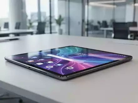 Ein modernes High-End-Android-Tablet liegt auf einem minimalistischen Schreibtisch in einem hellen Büro. - Foto: über boerse-global.de
