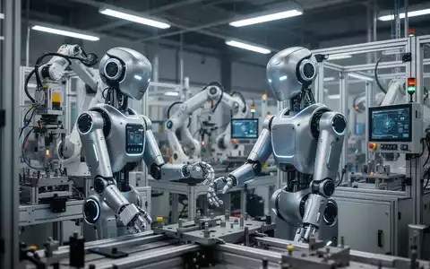 Ein humanoider Roboter arbeitet in einer modernen, automatisierten Industriefabrik. - Foto: über boerse-global.de
