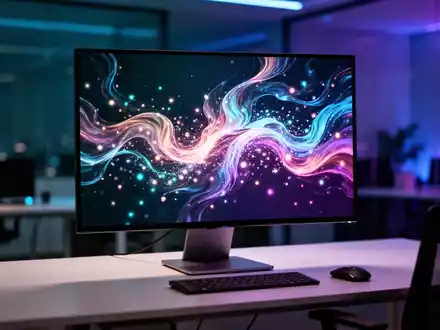 Leuchtendes, lebendiges animiertes Hintergrundbild auf einem High-End-Monitor in einem modernen, schwach beleuchteten Büro. - Foto: über boerse-global.de