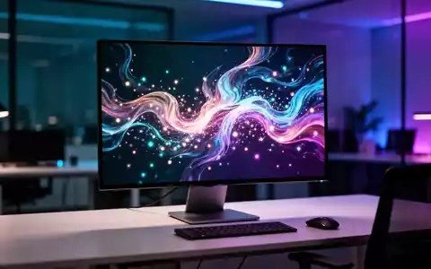 Leuchtendes, lebendiges animiertes Hintergrundbild auf einem High-End-Monitor in einem modernen, schwach beleuchteten Büro. - Foto: über boerse-global.de