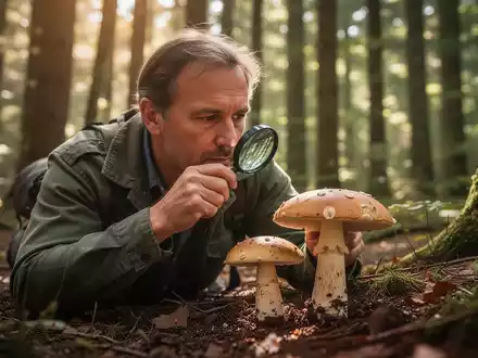 Ein Experte untersucht einen Waldpilz mit einer Lupe in einem sonnendurchfluteten Wald zur Bestimmung der Art. - Foto: über boerse-global.de