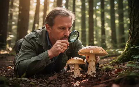 Ein Experte untersucht einen Waldpilz mit einer Lupe in einem sonnendurchfluteten Wald zur Bestimmung der Art. - Foto: über boerse-global.de