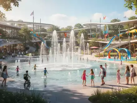 Sommerliche Szene in einem Freizeitpark mit Wasserattraktionen und Besuchern in einer weitläufigen Parklandschaft. - Foto: über boerse-global.de