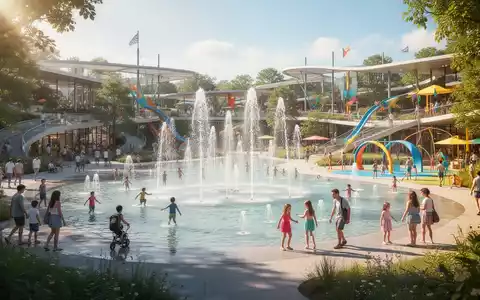 Sommerliche Szene in einem Freizeitpark mit Wasserattraktionen und Besuchern in einer weitläufigen Parklandschaft. - Foto: über boerse-global.de