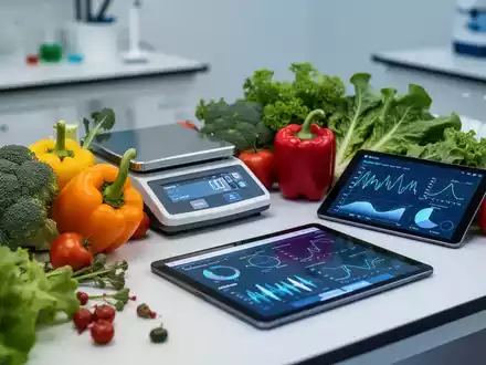 Frisches Gemüse neben medizinischen Messgeräten und einem Tablet mit Stoffwechseldiagrammen in einem Labor. - Foto: über boerse-global.de