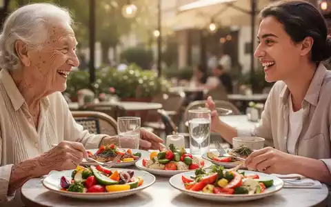 Ein älterer und ein jüngerer Mensch unterhalten sich fröhlich an einem sonnigen Café-Tisch mit gesundem Essen. - Foto: über boerse-global.de