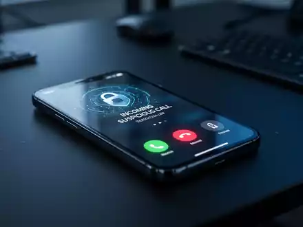 Ein Smartphone auf einem dunklen Bürotisch mit einem eingehenden verdächtigen Anruf als Symbol für Cyberkriminalität. - Foto: über boerse-global.de