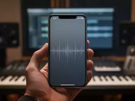 Ein iPhone in einer Hand vor einem verschwommenen Studio-Hintergrund, wobei auf dem Display eine Musik-Wellenform zu sehen ist. - Foto: über boerse-global.de