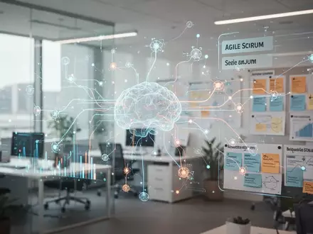 Moderne Büroumgebung mit digitaler Datenvisualisierung und agilen Management-Elementen für KI-Transformation. - Foto: über boerse-global.de
