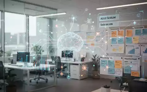 Moderne Büroumgebung mit digitaler Datenvisualisierung und agilen Management-Elementen für KI-Transformation. - Foto: über boerse-global.de