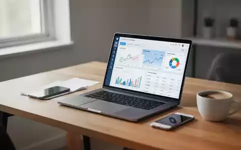 Moderner Arbeitsplatz mit Laptop, auf dem eine Buchhaltungssoftware angezeigt wird, in einer hellen Büroumgebung. - Foto: über boerse-global.de