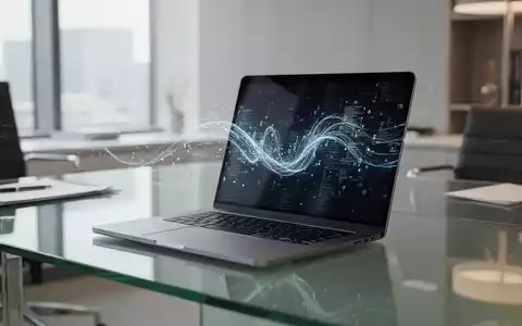 Modernes Laptop auf minimalistischem Schreibtisch mit weichen digitalen Lichtreflexionen, die KI-Arbeitsplatzintegration darstellen. - Foto: über boerse-global.de