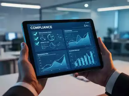 Ein Tablet mit einem digitalen Compliance-Dashboard und Checklisten zur Dokumentation von Schulungserfolgen in einem Büro. - Foto: über boerse-global.de