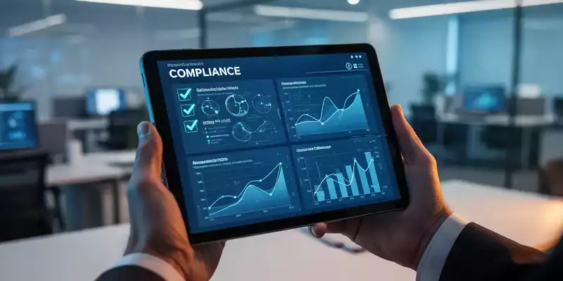Ein Tablet mit einem digitalen Compliance-Dashboard und Checklisten zur Dokumentation von Schulungserfolgen in einem Büro. - Foto: über boerse-global.de