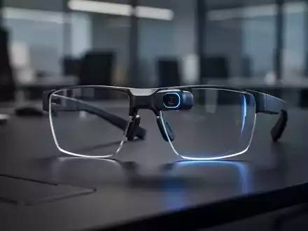 Nahaufnahme einer modernen KI-Smartbrille auf einem dunklen Schreibtisch mit Fokus auf die Kameralinse. - Foto: über boerse-global.de