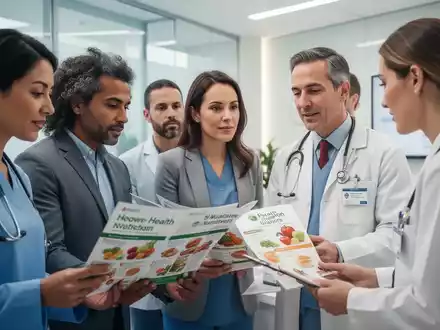 Menschen bei einer professionellen Gesundheitsberatung in einer modernen Praxis, Fokus auf Ernährungsinformationen. - Foto: über boerse-global.de