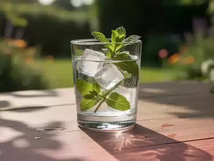 Ein Glas Wasser mit Eiswürfeln und Minze auf einem Holztisch vor sommerlichem Hintergrund. - Foto: über boerse-global.de