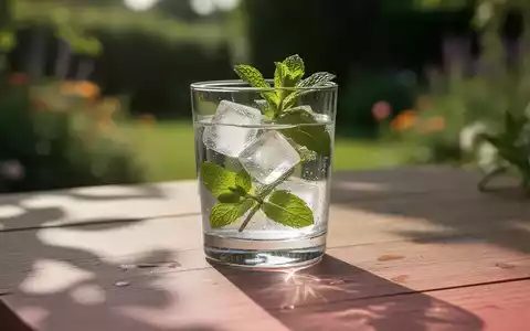 Ein Glas Wasser mit Eiswürfeln und Minze auf einem Holztisch vor sommerlichem Hintergrund. - Foto: über boerse-global.de
