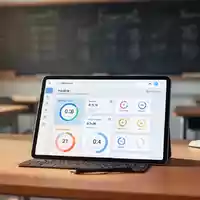 Ein Tablet mit einer App zur digitalen Arbeitszeiterfassung auf einem Schreibtisch in einem modernen Klassenzimmer. - Foto: über boerse-global.de