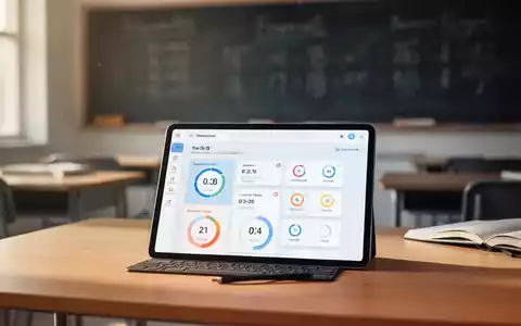 Ein Tablet mit einer App zur digitalen Arbeitszeiterfassung auf einem Schreibtisch in einem modernen Klassenzimmer. - Foto: über boerse-global.de