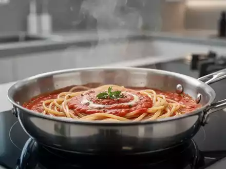 Nahaufnahme einer cremigen Pastasauce in einer Pfanne mit aufsteigendem Dampf in einer professionellen Küchenumgebung. - Foto: über boerse-global.de