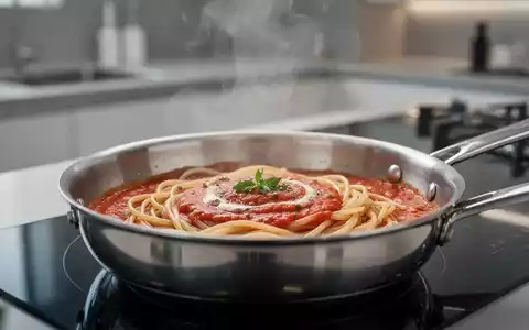 Nahaufnahme einer cremigen Pastasauce in einer Pfanne mit aufsteigendem Dampf in einer professionellen Küchenumgebung. - Foto: über boerse-global.de