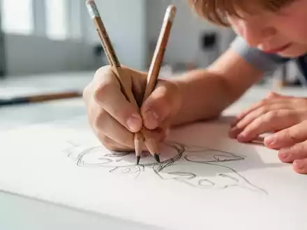 Nahaufnahme einer Kinderhand beim Zeichnen mit einem Stift zur Förderung der Feinmotorik in einem Atelier. - Foto: über boerse-global.de