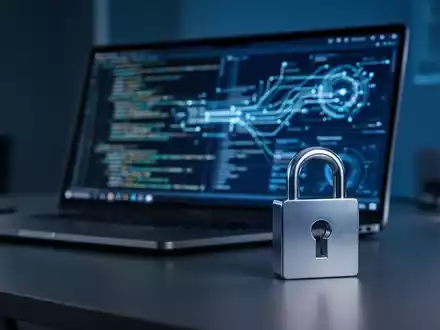 Ein moderner High-Tech-Cybersicherheits-Arbeitsplatz mit Laptop-Bildschirm mit Code und einem metallischen Sicherheitsschloss. - Foto: über boerse-global.de