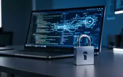 Ein moderner High-Tech-Cybersicherheits-Arbeitsplatz mit Laptop-Bildschirm mit Code und einem metallischen Sicherheitsschloss. - Foto: über boerse-global.de