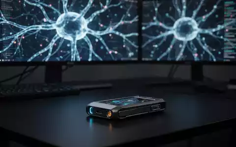 Eine Hardware-Wallet für Kryptowährungen neben einer abstrakten Visualisierung eines KI-Neuronennetzes auf einem Monitor. - Foto: über boerse-global.de