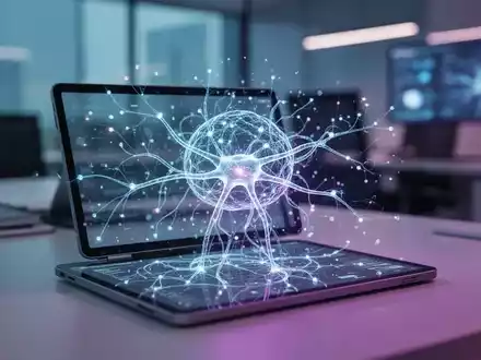 Digitale ReprĂ€sentation eines neuronalen Netzwerks auf einem Tablet-Bildschirm in einer modernen BĂŒroumgebung. - Foto: ĂŒber boerse-global.de
