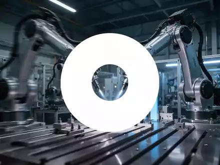 Abstrakte Darstellung einer modernen Industriefertigung mit Roboterarmen bei gedimmter, professioneller Beleuchtung. - Foto: über boerse-global.de