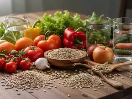 Frisches Gemüse und Vollkornprodukte auf einem Holztisch als Symbol für eine pflanzenbasierte Ernährung. - Foto: über boerse-global.de