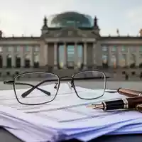 Eine Brille und ein Füllfederhalter auf Rentenunterlagen vor dem verschwommenen Hintergrund eines Parlamentsgebäudes. - Foto: über boerse-global.de