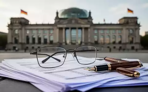 Eine Brille und ein Füllfederhalter auf Rentenunterlagen vor dem verschwommenen Hintergrund eines Parlamentsgebäudes. - Foto: über boerse-global.de