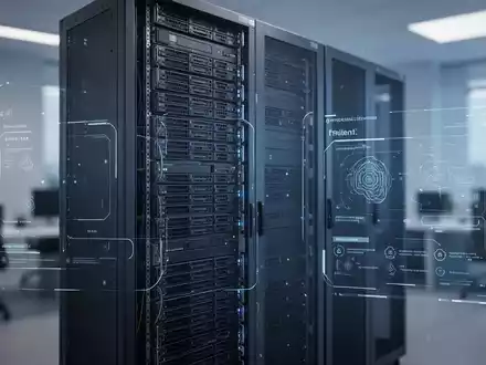 Modernes Server-Rack in blauer Beleuchtung, das eine hochperformante KI-Infrastruktur für automatisierte Büroarbeit symbolisiert. - Foto: über boerse-global.de