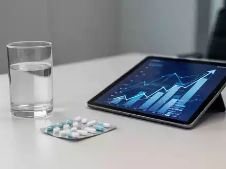 Blisterpackung mit Medikamenten und ein Tablet mit Finanzgrafiken auf einem modernen Schreibtisch. - Foto: über boerse-global.de